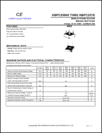 KBPC25005 datasheet: Single phase silicon bridge rectifier. Maximum recurrent peak reverse voltage 50 V. Maximum average forward rectified current 25 A. KBPC25005