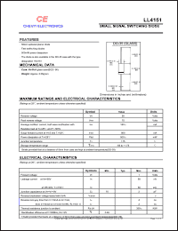 LL4151 datasheet: Small signal switching diode. Reverse voltage 50 V. Average rectified current 150 mA. LL4151