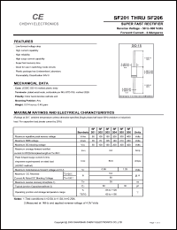 SF201 datasheet: Super fast rectifier. Max repetitive peak reverse voltage 50 V. Max average forward rectified current 2.0 A. SF201