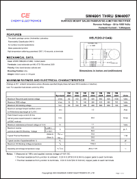 SM4001 datasheet: Surface mount glass passivated junction rectifier. Max recarrent peak reverse voltage 50 V. Max average forward rectified current 1.0 A. SM4001