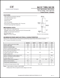 BA157 datasheet: Fast recovery rectifier. Max repetitive peak reverse voltage 400 V. Max average forward rectified current 1.0 A. BA157