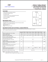 FR101 datasheet: Fast recovery rectifier. Max repetitive peak reverse voltage 50 V. Max average forward rectified current 1.0 A. FR101