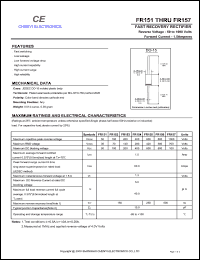 FR151 datasheet: Fast recovery rectifier. Max repetitive peak reverse voltage 50 V. Max average forward rectified current 1.5 A. FR151