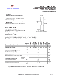 RL202 datasheet: General purpose plastic rectifier. Max repetitive peak reverse voltage 100 V. Max average forward rectified current 2.0 A. RL202