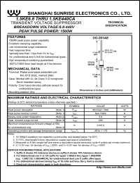 1.5KE6.8A datasheet: Transient voltage suppressor. 1500 W. Breakdown voltage 6.45 V(min), 7.14 V(max). Test current 10.0 mA. 1.5KE6.8A