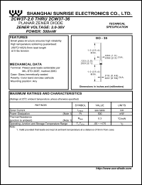 2CW37-2.0B datasheet: Planar zener diode. Zener voltage Vz = 1.96-2.12 V. Zener current Iz = 5 mA. 2CW37-2.0B