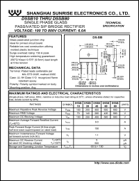 D5SB20 datasheet: Single phase glass passivated SIP bridge rectifier. Max repetitive peak reverse voltage 200 V. Max average forward rectified current 6.0 A. D5SB20