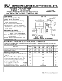 D5SB40 datasheet: Single phase glass passivated SIP bridge rectifier. Max repetitive peak reverse voltage 400 V. Max average forward rectified current 6.0 A. D5SB40
