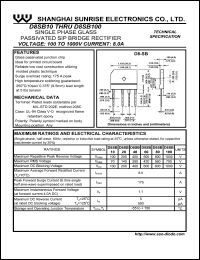 D8SB10 datasheet: Single phase glass passivated SIP bridge rectifier. Max repetitive peak reverse voltage 100 V. Max average forward rectified current 8.0 A. D8SB10