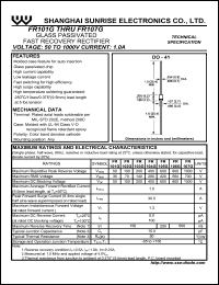 FR101G datasheet: Glass passivated fast recovery rectifier. Max repetitive peak reverse voltage 50 V. Max average forward rectified current 1.0 A. FR101G