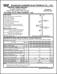 FR156G datasheet: Glass passivated fast recovery rectifier. Max repetitive peak reverse voltage 800 V. Max average forward rectified current 1.5 A. FR156G