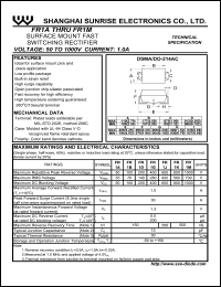 FR1D datasheet: Surface mount fast switching rectifier. Max repetitive peak reverse voltage 200 V. Max average forward rectified current 1.0 A. FR1D