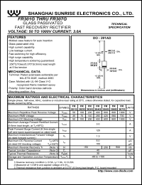 FR305G datasheet: Glass passivated fast recovery rectifier. Max repetitive peak reverse voltage 600 V. Max average forward rectified current 3.0 A. FR305G