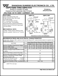 GBPC1502 datasheet: Single phase glass passivated bridge rectifier. Max repetitive peak reverse voltage 200 V. Max average forward rectified current 15 A. GBPC1502