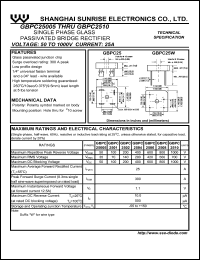 GBPC2502 datasheet: Single phase glass passivated bridge rectifier. Max repetitive peak reverse voltage 200 V. Max average forward rectified current 25 A. GBPC2502