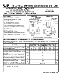 GBPC3502 datasheet: Single phase glass passivated bridge rectifier. Max repetitive peak reverse voltage 200 V. Max average forward rectified current 35 A. GBPC3502