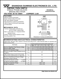 KBP01 datasheet: Single phase silicon bridge rectifier. Max repetitive peak reverse voltage 100 V. Max average forward rectified current 2.0 A. KBP01