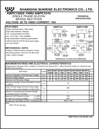 KBPC15005 datasheet: Single phase silicon bridge rectifier. Max repetitive peak reverse voltage 50 V. Max average forward rectified current 15 A. KBPC15005