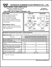 KBPC3502 datasheet: Single phase silicon bridge rectifier. Max repetitive peak reverse voltage 200 V. Max average forward rectified current 35 A. KBPC3502