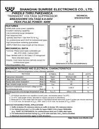 P4KE8.2CA datasheet: Transient voltage suppressor. Peak pulse power 400 W. Breakdown voltage Vbr(min) = 7.79 V, Vbr(max) = 8.61 V. Test current It = 10.0 mA. P4KE8.2CA