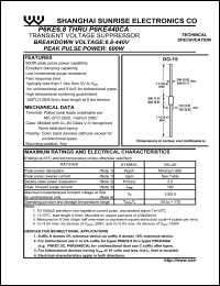 P6KE160CA datasheet: Transient voltage suppressor. Peak pulse power 600 W. Breakdown voltage Vbr(min) = 152 V, Vbr(max) = 168 V. Test current It = 1.0 mA. P6KE160CA