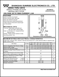 2W005 datasheet: Single phase silicon bridge rectifier. Max repetitive peak reverse voltage 50 V. Max average forward rectified current 2.0 A. 2W005