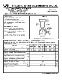 KBPC8005 datasheet: Single phase silicon bridge rectifier. Max repetitive peak reverse voltage 50 V. Max average forward rectified current 8.0 A. KBPC8005