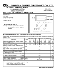 RC10S06 datasheet: Silicon silastic cell rectifier. Max repetitive peak reverse voltage 600 V. Max average forward current 10 A. RC10S06