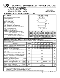 RS1B datasheet: Surface mount fast switching rectifier. Max repetitive peak reverse voltage 100 V. Max average forward current 1.0 A. RS1B