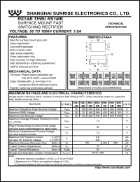 RS1AB datasheet: Surface mount fast switching rectifier. Max repetitive peak reverse voltage 50 V. Max average forward current 1.0 A. RS1AB