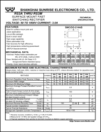 RS3M datasheet: Surface mount fast switching rectifier. Max repetitive peak reverse voltage 1000 V. Max average forward current 3.0 A. RS3M