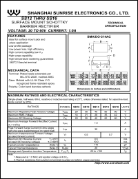 SS16 datasheet: Surface mount schottky barrier rectifier. Max repetitive peak reverse voltage 60 V. Max average forward rectified current 1.0 A SS16