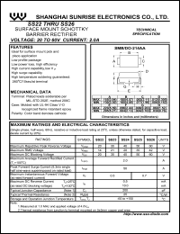 SS26 datasheet: Surface mount schottky barrier rectifier. Max repetitive peak reverse voltage 60 V. Max average forward rectified current 2.0 A SS26