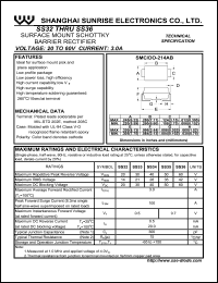 SS36 datasheet: Surface mount schottky barrier rectifier. Max repetitive peak reverse voltage 60 V. Max average forward rectified current 3.0 A SS36