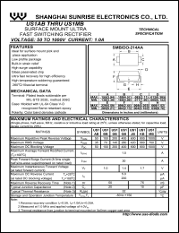 US1GB datasheet: Surface mount ultra fast switching rectifier. Max repetitive peak reverse voltage 400 V. Max average forward rectified current 1.0 A US1GB