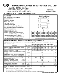 US2GA datasheet: Surface mount ultra fast switching rectifier. Max repetitive peak reverse voltage 400 V. Max average forward rectified current 2.0 A US2GA