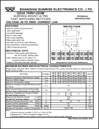 US3M datasheet: Surface mount ultra fast switching rectifier. Max repetitive peak reverse voltage 1000 V. Max average forward rectified current 3.0 A US3M