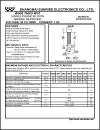 W02 datasheet: Single phase silicon bridge rectifier. Current 1.5 A. Max repetitive peak reverse voltage 200 V W02