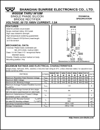 W005M datasheet: Single phase silicon bridge rectifier. Current 1.5 A. Max repetitive peak reverse voltage 50 V W005M