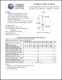 TE4001S datasheet: 50 V, 1 A, glass passivated junction plastic rectifier TE4001S