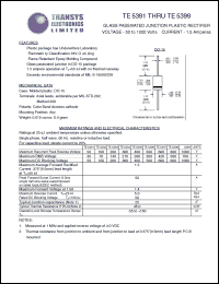 TE5398 datasheet: 800 V, 1.5 A, glass passivated junction plastic rectifier TE5398