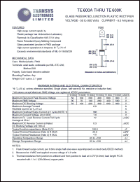 TE600G datasheet: 400 V, 6 A, glass passivated junction plastic rectifier TE600G