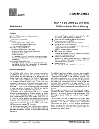 A29040-120 datasheet: 120ns 20mA 512K x 8 bit CMOS 5.0volt-only uniform sector flash memory A29040-120