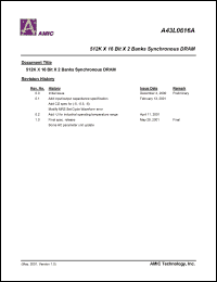 A43L0616AV-7 datasheet: 7ns; 143MHz CL=3 512K x 16bit x 2banks synchronous DRAM A43L0616AV-7