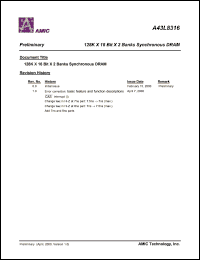 A43L8316V-8 datasheet: 8ns; 125MHz CL=3 128K x 16bit x 2banks synchronous DRAM A43L8316V-8