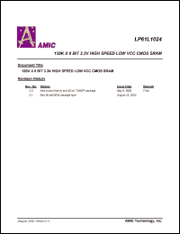 LP61L1024V-15 datasheet: 15ns 170mA 128K x 8bit 3.3V high speed low VCC CMOS SRAM LP61L1024V-15