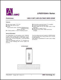 LP62S1024AX-70LLI datasheet: 30mA 128K x 8bit low voltage CMOS SRAM LP62S1024AX-70LLI