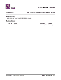 LP62S1664CV-70LLI datasheet: 70ns 40mA 64K x 16bit low voltage CMOS SRAM LP62S1664CV-70LLI