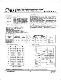 BS616UV2021AI70 datasheet: 70ns ultra low power/voltage CMOS SRAM 128K x 16 or 256K x 8bit switchable BS616UV2021AI70