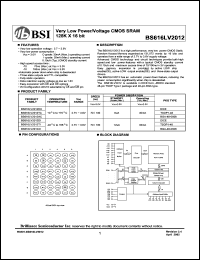 BS616LV2012AC datasheet: 70/100ns 2.7-3.6V ultra low power/voltage CMOS SRAM 128K x 16bit BS616LV2012AC